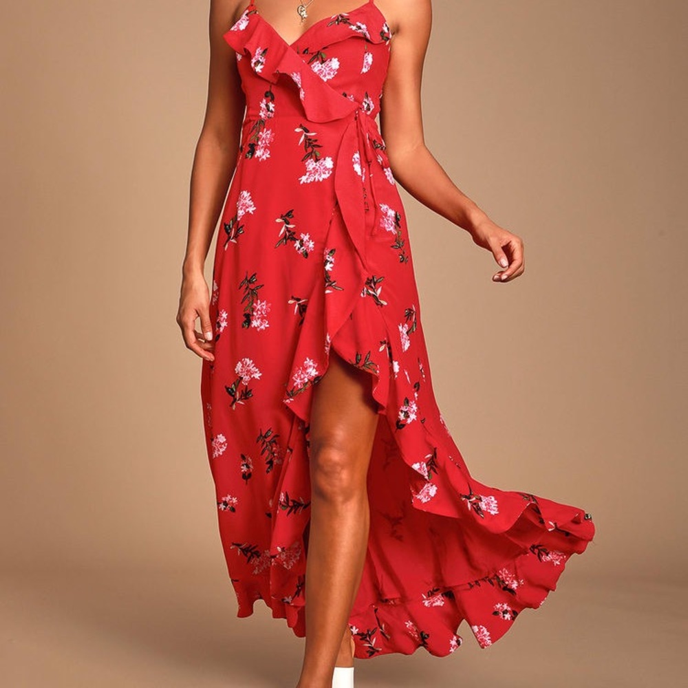 LuLus Rosana Red Floral Print Ruffled Wrap Maxi Dress